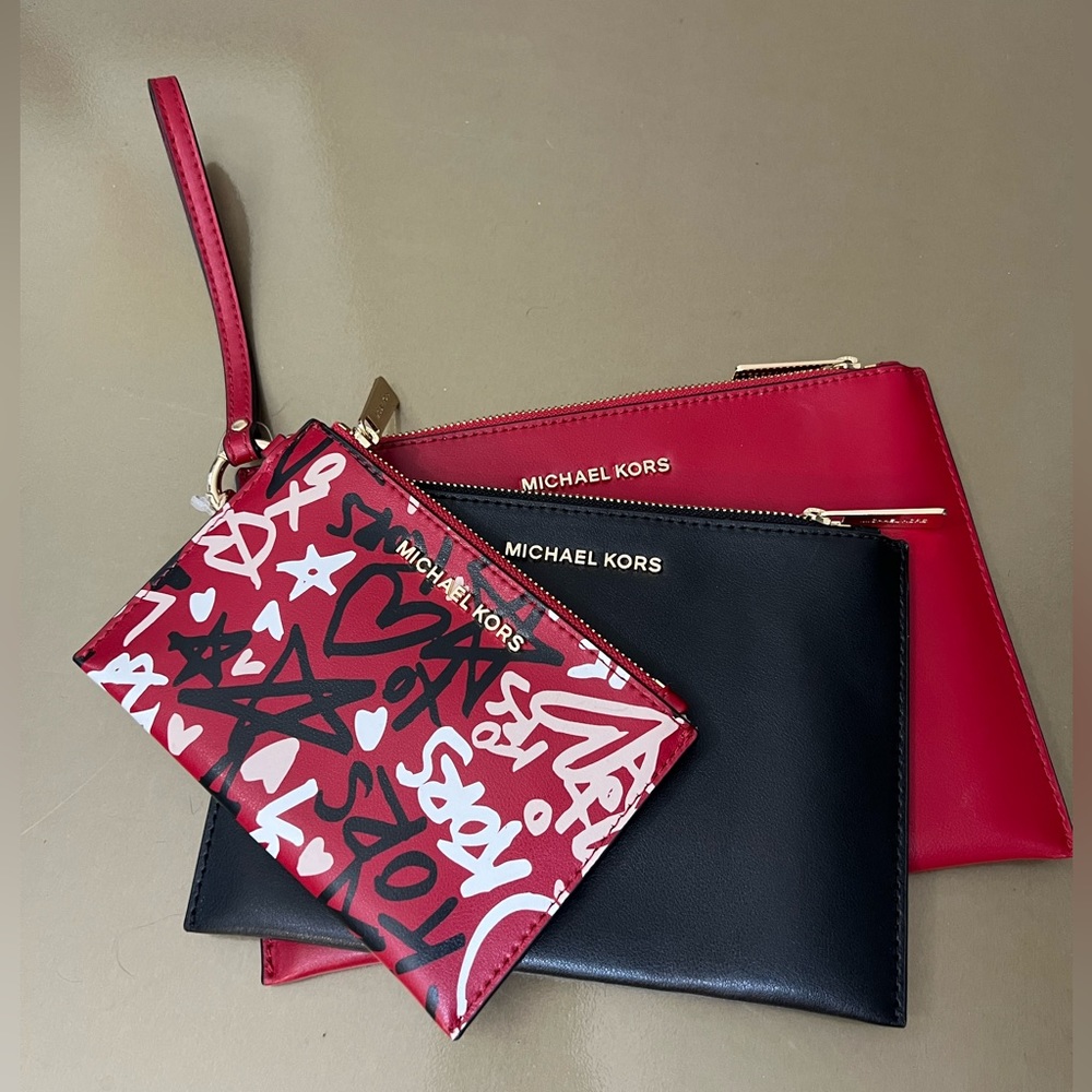 Three NEW Leather Michael Kors Jet Set Travel Large Trio Wristlet Clutch